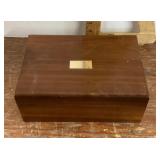 Wooden cigar box and contents