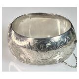 Sterling silver etched wide bangle bracelet