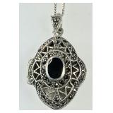 Sterling marcasite and onyx locket necklace