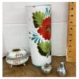 Ceramic vase, porcelain hair receiver, pewter s&p