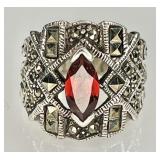 Sterling silver marcasite and garnet ring