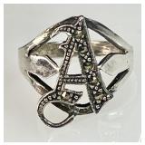 Sterling ring with marcasite "A" monogram