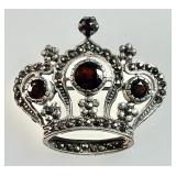 Sterling marcasite crown brooch with garnets