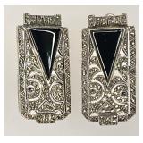 Sterling Art Deco marcasite & onyx clip earrings
