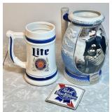 2 collectible beer steins and Pabst patch