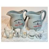 2 Hiram Walker pitchers and 5 shot glasses