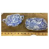 Blue and white sugar bowl and dish