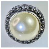Sterling faux pearl and marcasite ring
