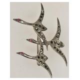 Sterling marcasite geese in flight brooch