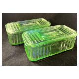 2 green Depression uranium glass fridge dishes