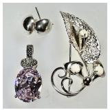 Sterling silver brooch, pendant, earrings