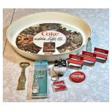 1980s plastic Coke tray, Coke miniatures, etc.