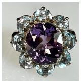 Sterling silver ring w/blue & purple stones