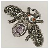Sterling marcasite fly brooch with purple stone