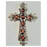 Heavy sterling silver garnet cross pendant