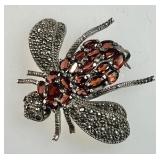 Sterling silver marcasite & garnet bee brooch
