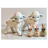 2 Lefton lambs and 3 mini honeycomb bunnies