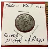 1866 or 1867 shield nickel with rays