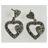 Sterling marcasite heart-shaped pierced earrings