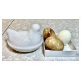Milk glass hen on nest & 3 alabaster eggs