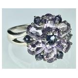 Sterling silver flower ring with purple stones