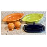Fiesta butter dish, salt & pepper, 2 veg. dishes