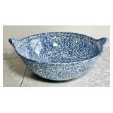 Large blue spongeware pottery mixing bowl