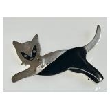 Sterling silver obsidian cat brooch
