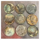 9 Kennedy clad half dollars --damaged