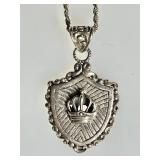 Sterling silver shield with crown necklace