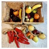 2 baskets of glass, ceramic, & wood fruit