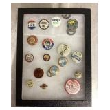 Vintage pinback buttons in riker box