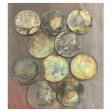 10 Kennedy clad half dollars --damaged