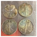 4 walking Liberty half dollars --damaged