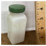Milk glass spice with green lid