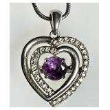 Sterling heart necklace w/purple stone & CZs
