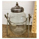 Hazel Atlas glass jar with wire swing stand