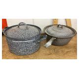 2 gray graniteware pots