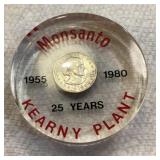 1980 Monsanto award coin imbedded in lucite