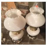 Pair of milk glass hobnail lamps
