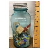 Tall blue Mason jar with marbles & blocks