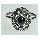 Sterling silver marcasite & obsidian ring --tiny