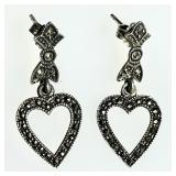 Sterling silver marcasite heart dangle earrings