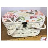 Wicker sewing basket plus contents 7" tall