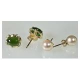 2 pair 14k gold earrings --pearl and jade