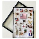 21 patriotic pins and brooches in riker case