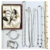 9 sterling necklaces and chains, sterling brooch