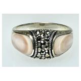 Sterling silver marcasite mother of pearl ring