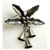 Sterling silver poinsettia brooch w/3 bells