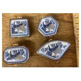 4 blue and white peacock trinket boxes